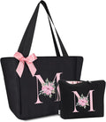 Vavabox Tote Bag, A-Z Initial Monogrammed Waterproof Tote Bag, Bridesmaid Gifts for Women, Black and Pink