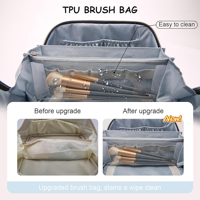 BOYATU Travel Makeup Bag Organizer Cosmetic Bag: 3 Pcs Set Make up Bags for Women with Handle - Waterproof Vegan Leather Toiletry Bags with Comparments (D-05-Blue)
