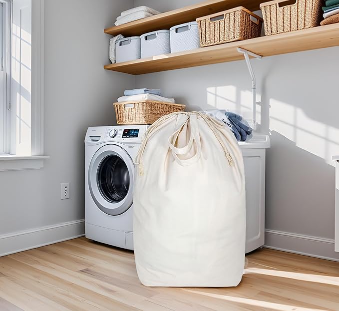 Canvas Laundry Bags with Handles & Square Base 13.8"x 13.8", Large Heavy Duty Laundry Basket Hamper Liner, College Dorm Washable Drawstring Cotton Dirty Clothes Bag (Natural,1 Pack)