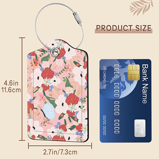 2 Pack Floral Luggage Tag for Suitcase, Pink Luggage Tags PU Leather Suitcase Tags Identifiers Stainless Steel Loop ID Bag Tags Card Baggage Bag Label