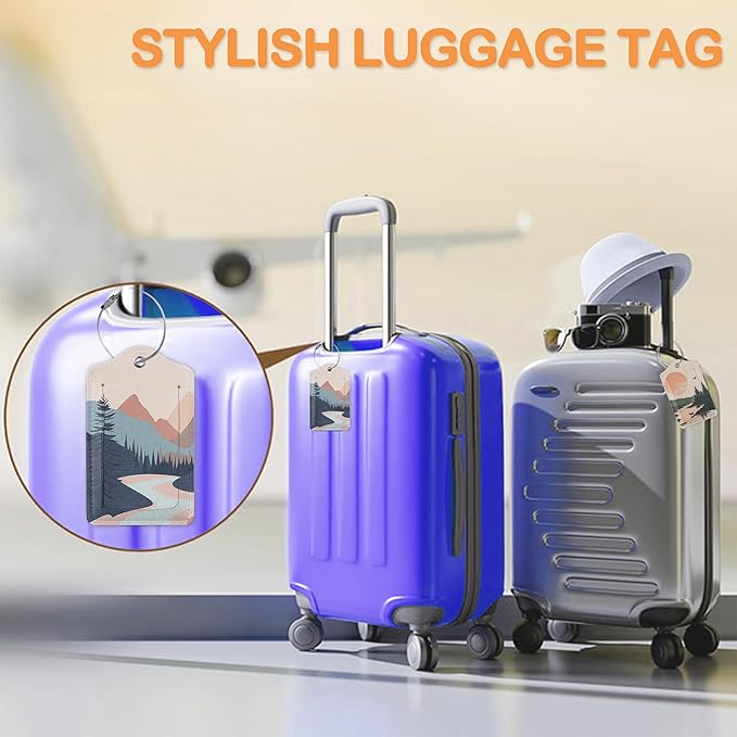 Mystic Wolf Sunset 3 Pack Luggage Tags for Suitcases, Minimalist Mountain River PU Leather Luggage Tag for Travel, Bag Tags with Privacy Name ID Card and Steel Loop for Women Men
