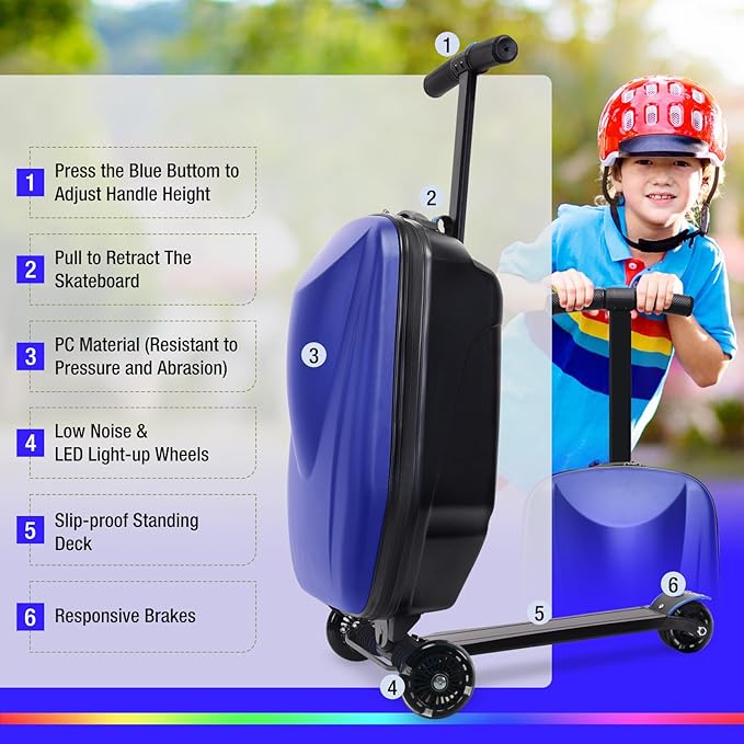 20" Scooter Suitcase for Kids, 2-in-1 Ride On Luggage with Wheels for Boys & Girls Ages 4-15, Foldable Hardshell Carry On Lightweight Travel Suitcase for Airplane (With LED, Dark Blue)