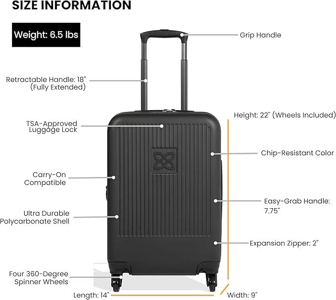 Sherpani Meridian, 22 Inch Carry On Luggage Airline Approved, Rolling Hardside Suitcase 22x14x9, Travel Luggage for Women, Expandable Suitcase, Travel Gift (Black)