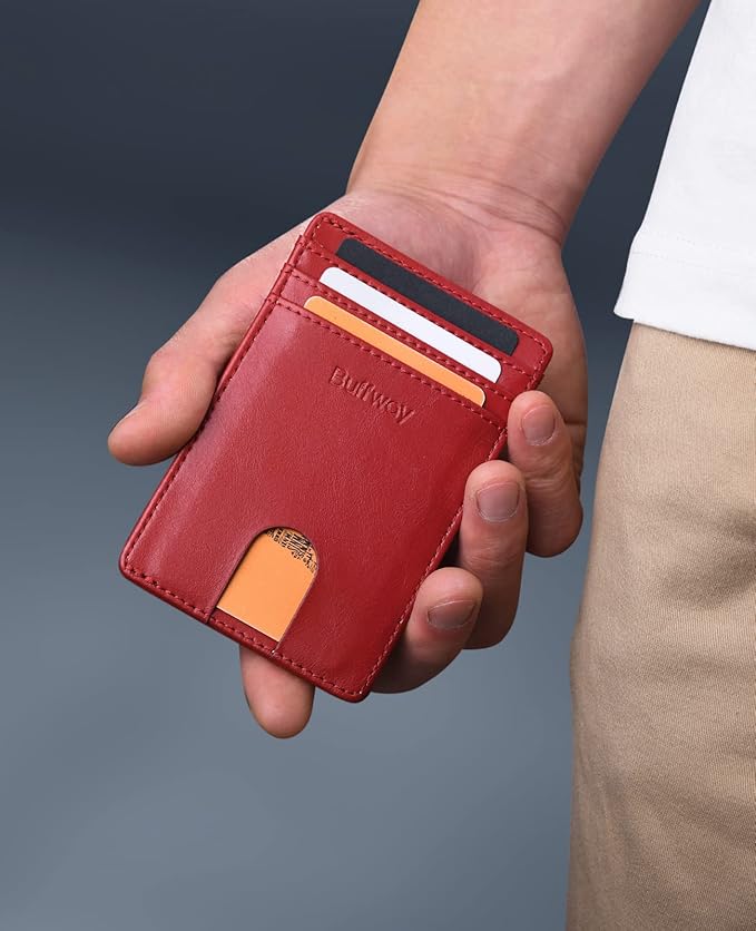 Buffway Mens Slim Wallet, Minimalist Thin Front Pocket Leather Credit Card Holder with RFID Blocking for Work Travel