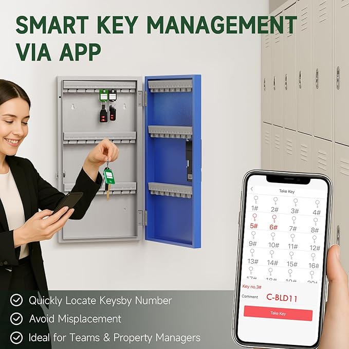 WeHere 48 Key Lock Box Wall Mount, APP Bluetooth/OTP/Wi-Fi Remote/Fixed Code/Key Unlock, Smart Key Cabinet Organizer Holder Box, Key Management for Apartment, Hotel, Office, House