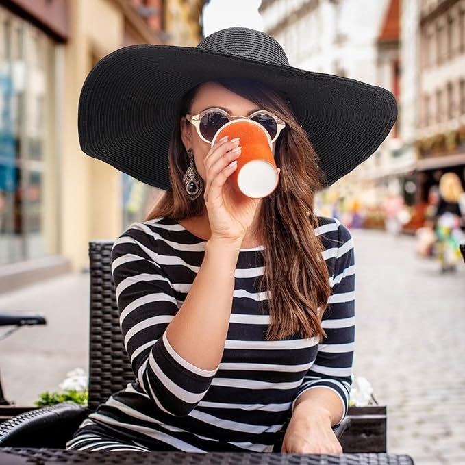 DRESHOW Beach Hats for Women Big Straw Wide Brim Summer Hat Floppy Foldable Roll up Cap Sun Hat UPF 50+