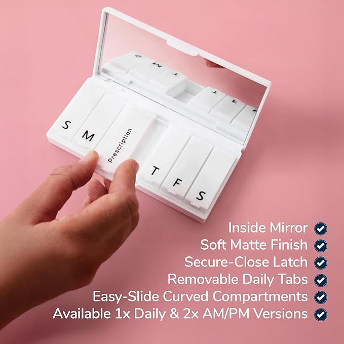 PORT X POLISH Designer Weekly Pill Box Organizer (AM/PM 2X Daily, Mint) | Compact, Stylish 7-Day Vitamin Supplement Case | Cute Portable Mini Travel Medicine Carrier | BPA-Free Pillbox Caddy