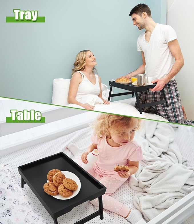Bed Tray Table with Folding Legs,Bamboo Breakfast in Bed for Kitchen Serving Tray,Sofa,Eating,Used As Laptop Desk Snack Tray 2 Pack (Black)