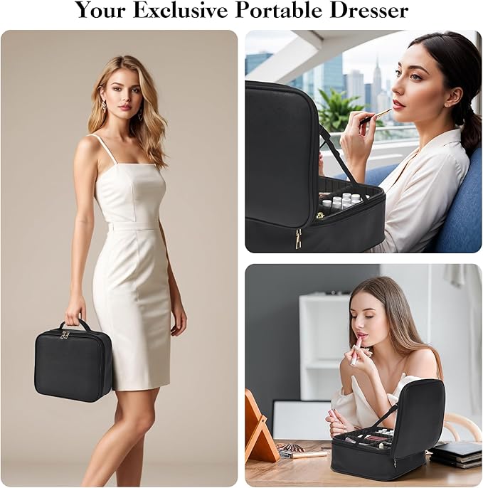 Travel Makeup Bag With LED Mirror,Cosmetic Train Case with 3 Color Setting,Cosmetic Makeup Organizer Bag with Adjustable Dividers,Portable Make up Box with Make up Brushes Holder Storage（Back）