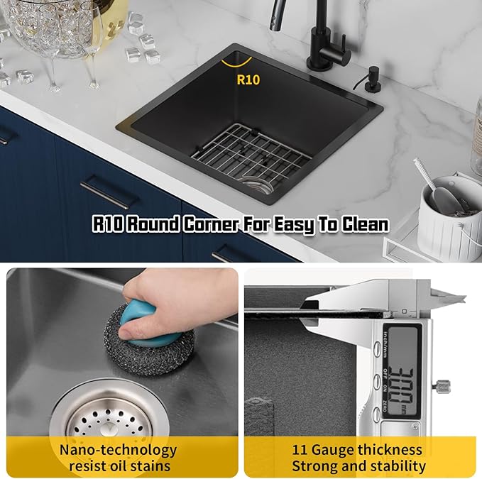 Small Black Kitchen Sink,18x18 Inch Stainless Steel Undermount Drop In Kitchen&Bar Sink Ideal Choice For Small Space, Prep Area, RV With Bottom Grid,Soap Mat And Drain Assembly