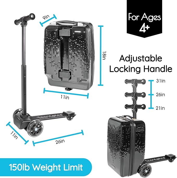 Teen Totes Detachable 4-in-1 Scooter Luggage for Kids – Ride-On Suitcase with Removable Luggage Body, Adjustable Handlebar, Durable Deck & Brake, Carry-On Size – Travel & Play
