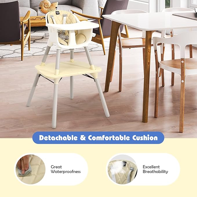 HONEY JOY 5-in-1 High Chair, Convertible Highchair for Babies and Toddlers/Kids Chair Table Set/Infant Feeding Chair w/Safety Harness, PU Leather Cushion & Removable Food Tray (Beige)