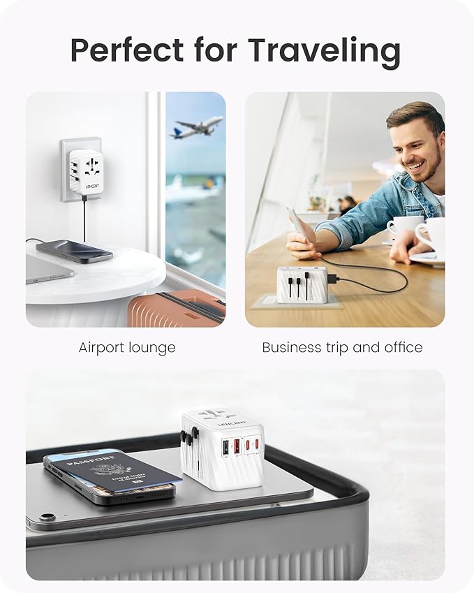 LENCENT Universal Travel Adapter, 65W GaN International Fast Charger with 2 PD3.0 Type C+2 QC USB A, Worldwide Power Adaptor for Phones,Laptops, All in One Travel Essentials for EU/USA/UK/AU, White