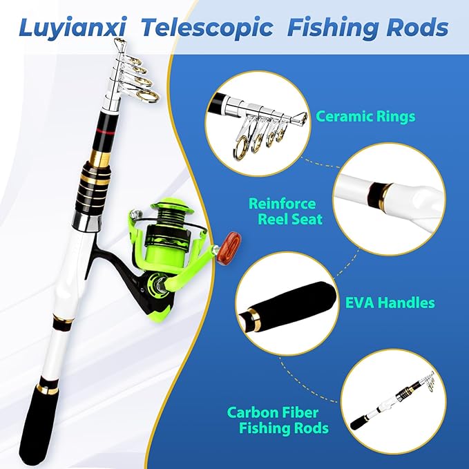 Telescopic Fishing Rod and Reel Combo, 2PACK 5.9FT 6.89FT Carbon Fiber Travel Rod, 2 Collapsible Spinning Reels, 2 100m Line, Carrier Bag and Carrier Bag Lures Kit for Adults Beginners