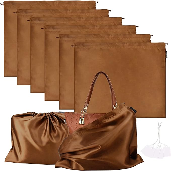 6 Pack Dust Bags for Handbags Silk Dust Cover Bag for Handbags Purses Shoes Boots, Silk Dustproof Drawstring Bag Travel Storage Pouch (Brown, 19.6 × 15.7 in)