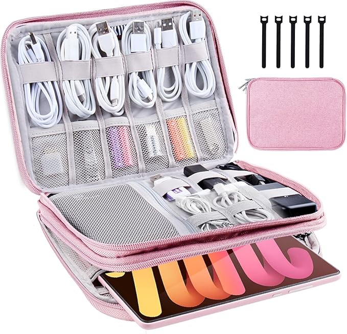 Electronic Organizer Travel Case, Travel Cable Bag, Water Resistant, Double Layers Pouch for Cables, Cords, iPad Mini, Gift for Women, Nylon, Pink, 9.5 x 6.9 x 1 Inch, 6.6 OZ
