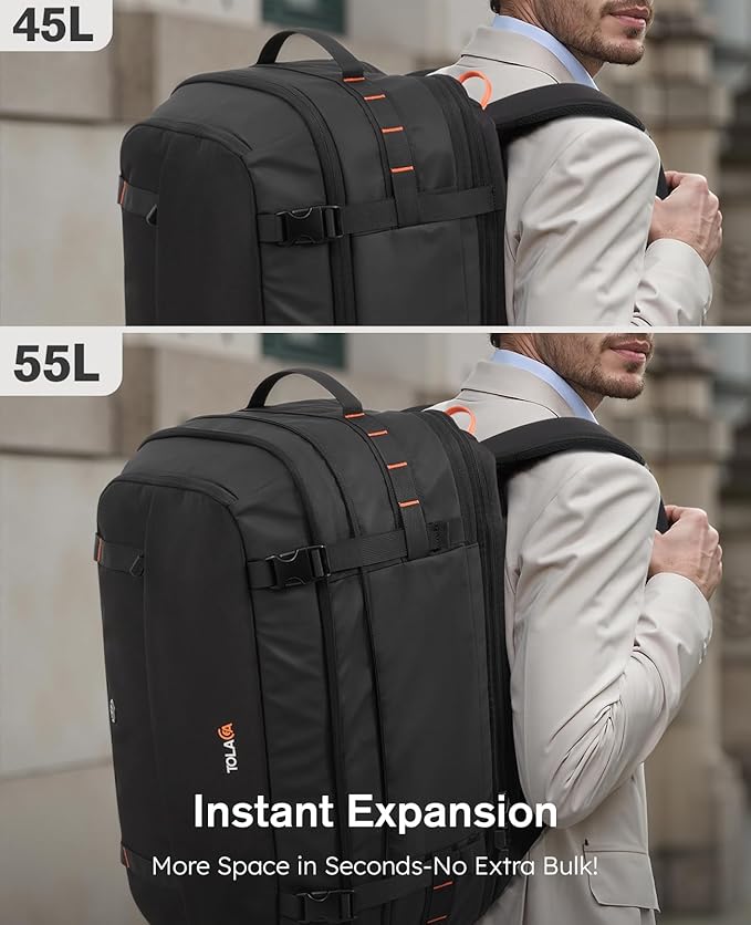 Tolaccea Travel Backpack with Garment Bag, Suit Carry On Backpack, TSA Flight Approved for Travel & Business Trips with Dual Laptop Storage for 17.3" and 12.9" & Extra Toiletry Bag, 45-55L Expandable