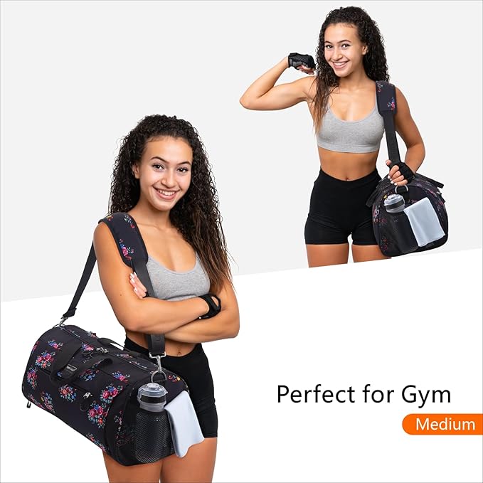 TOPDesign Gym Bag for Women, Duffel Bag with Shoe Compartment & Wet Pocket for Travel Sports (M Flower)