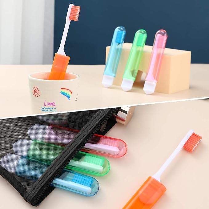 Patelai 8 Pieces Travel Toothbrush Set, Soft Bristle Mini Foldable Tooth Brush with Case, Individually Wrapped Small Portable Travel Size Toiletries Stuff for Camping (Bright Color)
