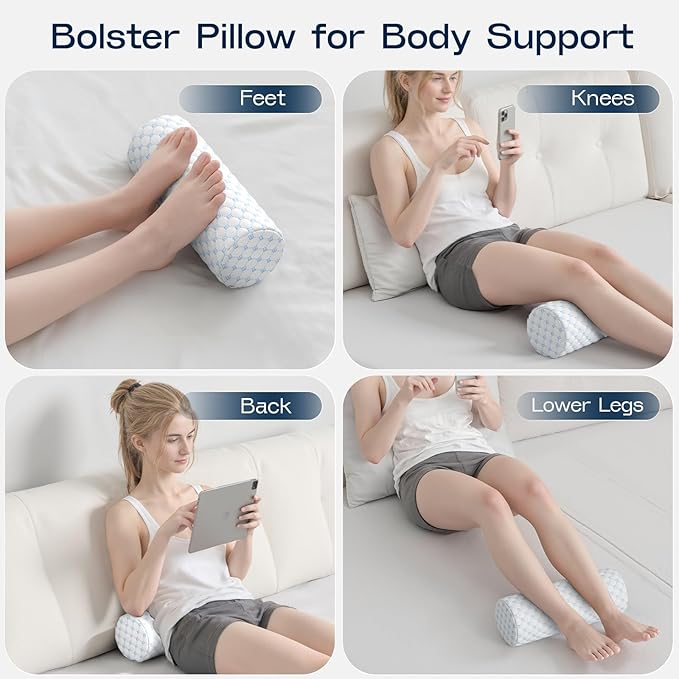 Neck Roll Pillow for Neck Pain Relief - Memory Foam Neck Support Pillow for Bed | Round Neck Pillow for Sleeping, 16 * 6.3 * 6.3inch (Cool-Blue)