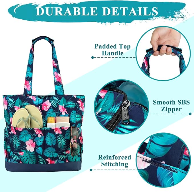 VASCHY Beach Bag for Women, Large Waterproof Sandproof Fold-able Packable Pool Tote Bag w Zipper/Pockets