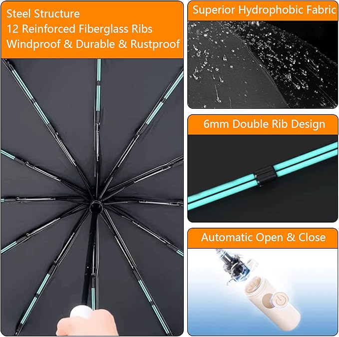 Large Double-Ribs Umbrella Automatic Folding Umbrella for Women Men, Travel, UPF 50+ UV Protection