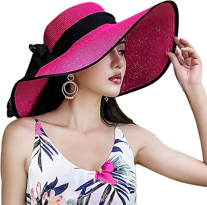 DRESHOW Beach Hats for Women Big Straw Wide Brim Summer Hat Floppy Foldable Roll up Cap Sun Hat UPF 50+