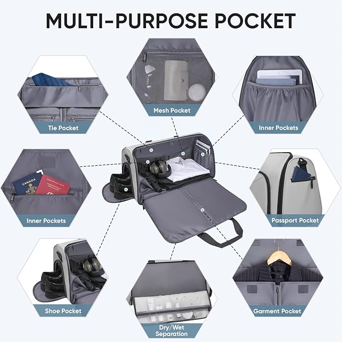 BALEINE Convertible Garment Bag with Shoe Compartment, 2 in 1 Carry on Garment Duffle Bags for Travel, Suit Bag for Men Women (Gray)