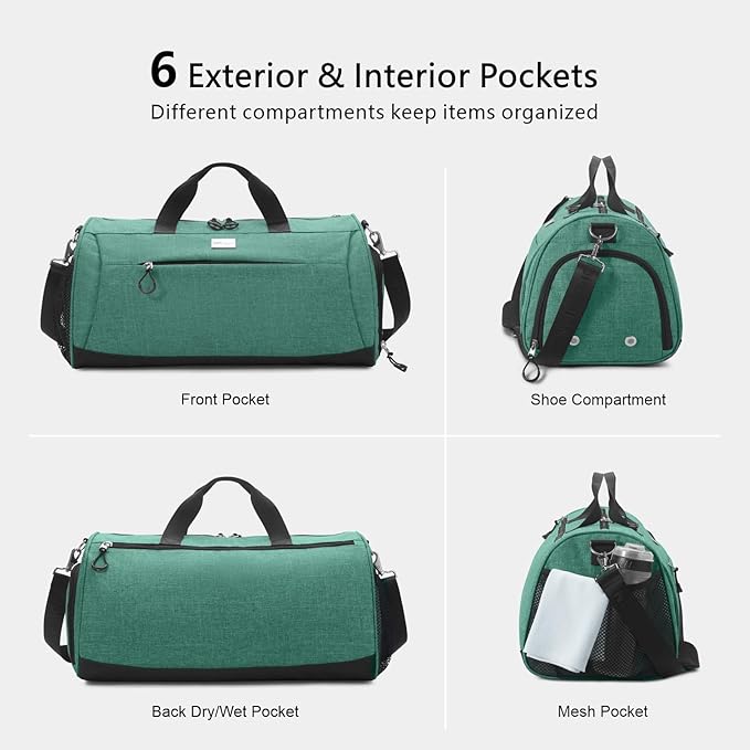TOPDesign Gym Bag for Women & Men, Unisex Duffel Bag with Shoe Compartment & Wet Pocket for Travel Sports Gym (L Textured Green)