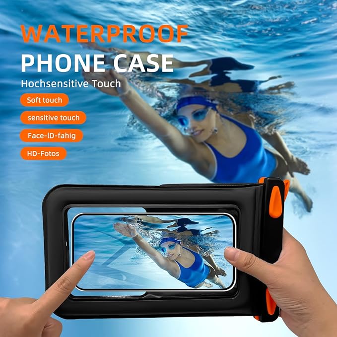 Waterproof Phone Pouch Double Pocket, Floating IPX8 8.5 inch Waterproof Phone Case for Beach Vacation Essentials for Compatible IPhone16 15 14 Pro Max Galaxy S25 S24 Ultra Phone Pouch Orange
