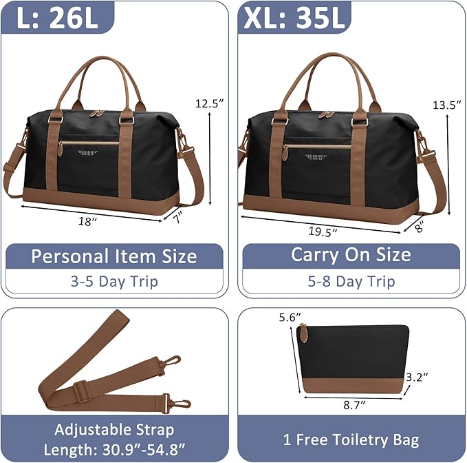 Travel Duffle Bag for Women, Weekender Bags, Hospital Bag for Labor Delivery, Lightweight Tote Duffel Overnight Bag with Luggage Sleeve, Airplane Travel Bags with Toiletry Bag,X-Large,Black