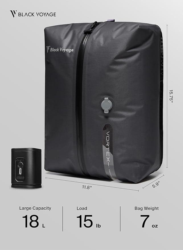 Black Voyage Reusable Vacuum Compression Travel Bag for Carry-On Suitcase and Backpack, Recycled IP67 Waterproof Space Saver Vacpack (2-Pack, 18L - Pump Included)