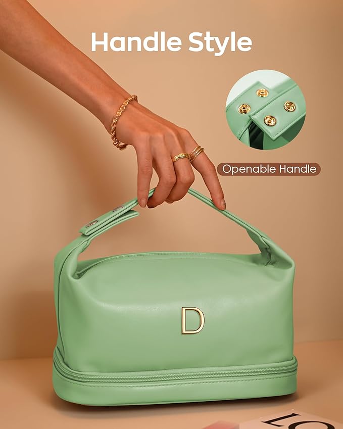 Unique Gifts for Women, Personalized Makeup Bag with Handle, Initial Double Layer Cosmetic Bag with Makeup Brush Organizer, Cute Cosmetic Pouch for Women, Customizable Tween Gift Ideas