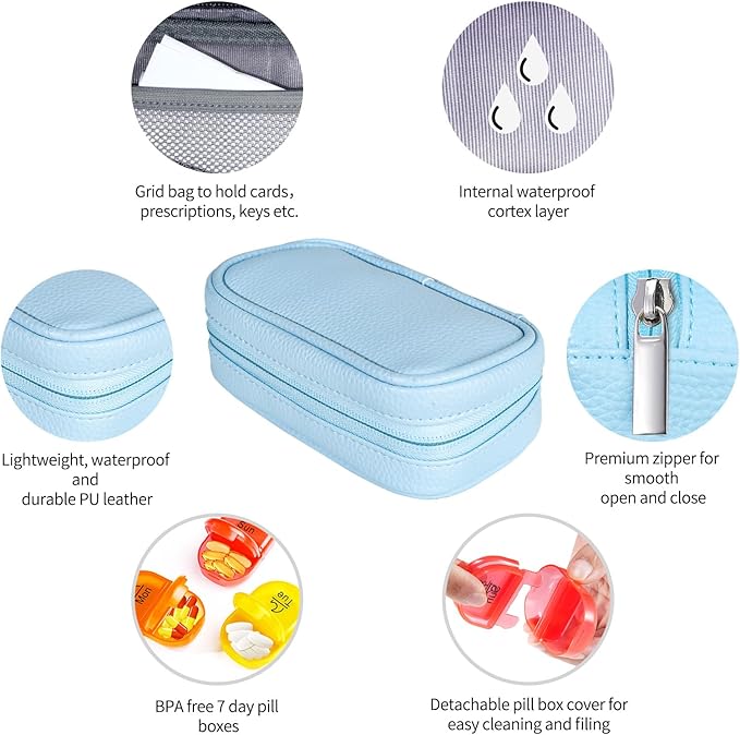 Serfeymi Weekly Travel Pill Organizer 2 Times A Day AM PM Upgraded Rainbow Pill Box 7 Day with Portable Zipper PU Leather Pill Case, Medicine Organizer for Pills, Vitamins, Fish Oils - Blue 01