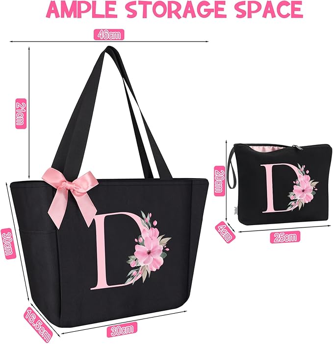 Vavabox Tote Bag, A-Z Initial Monogrammed Waterproof Tote Bag, Bridesmaid Gifts for Women, Black and Pink