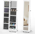 RQZ 360° Rotating Jewelry Organizer with Lights, 8 LEDs Jewelry Cabinet Armoire Standing, Lockable Jewelry Storage with Full-Length Mirror, 4 Storage Shelves, Interior Mirror(65.35" H)
