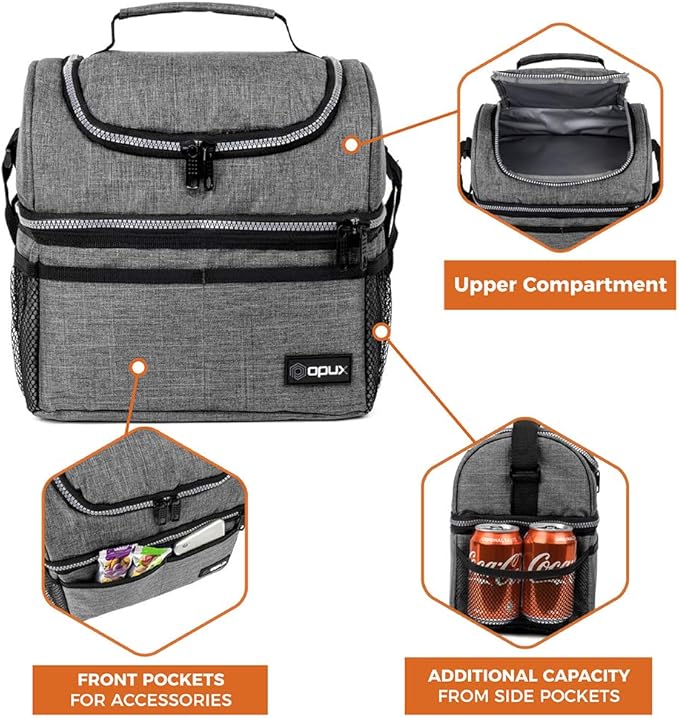 OPUX Lunch Box For Men Women, Insulated Large Lunch Bag Adult Work, Double Decker Lunchbox Meal Prep Dual Compartment Leakproof Lunch Cooler, Soft Lunch Pail Tote Boys Girls Kids School, Heather Gray