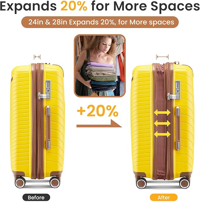 Campfun Luggage Sets 4 Piece, Expandable Carry On Luggage Set Hardshell PP, Suitcase Set with Double Spinner Wheels, Checked Durable Lightweight with TSA Lock, 14/20/24/28in, Yellow Brown(B)