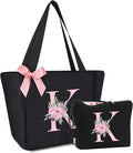 Vavabox Tote Bag, A-Z Initial Monogrammed Waterproof Tote Bag, Bridesmaid Gifts for Women, Black and Pink