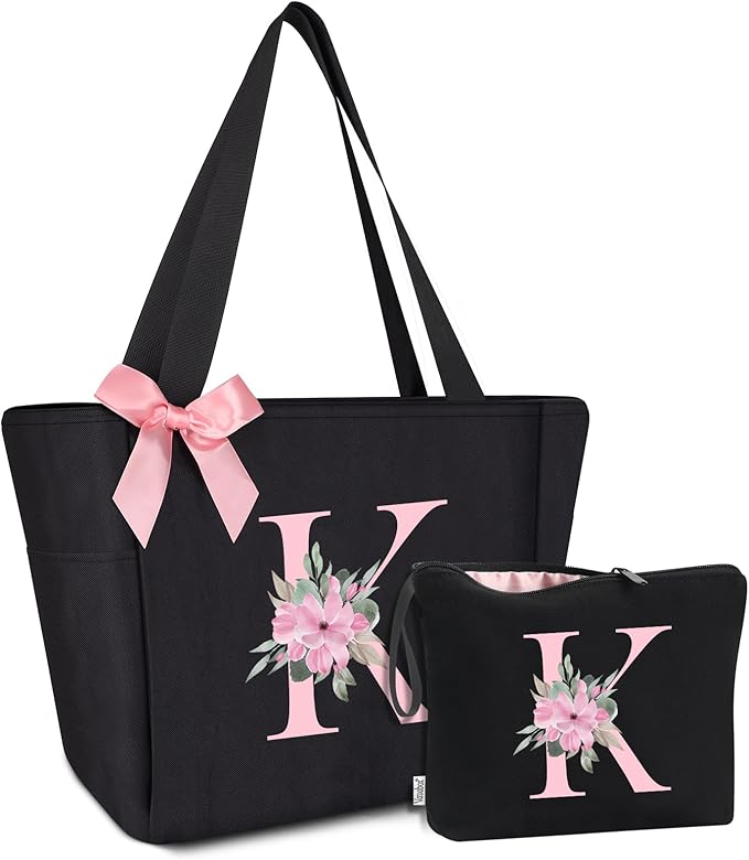 Vavabox Tote Bag, A-Z Initial Monogrammed Waterproof Tote Bag, Bridesmaid Gifts for Women, Black and Pink