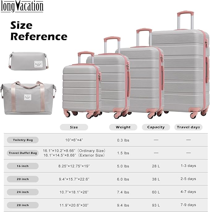 LONG VACATION 6 Piece ABS+PC Hardshell Luggage Set with Spinner Wheels, Lightweight suitcase set with TSA Lock & YKK Zipper