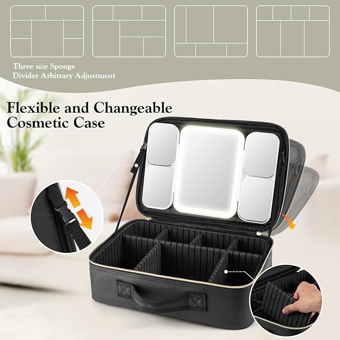 Extra Large Makeup Bag with LED 1X5X10X20X30X Magnifying Mirror and Travel Makeup Train Case Cosmetic Organiser with Mirror and Separate Makeup Brush Panel, Portable Adjustable Divider,Black-XL