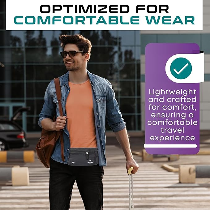 Travel Money Belt & Passport Holder - RFID Blocking Slim Travel Wallet & Fanny Pack for Men and Women - Essential Travel Pouch for Cash, Credit Cards, and Documents (Grey)