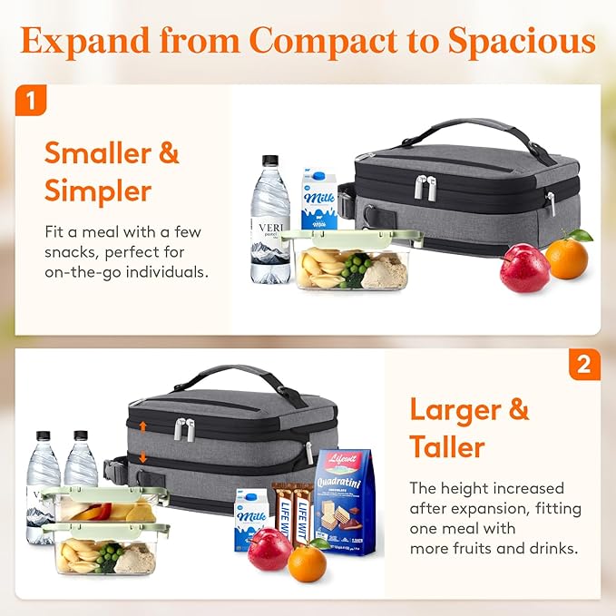 Lifewit Insulated Lunch Box for Men, Expandable Cooler Bag, Freezable Lunch Bag for Women with 2 Ice Packs and Shoulder Straps for Work Travel College, 8.2L Gray