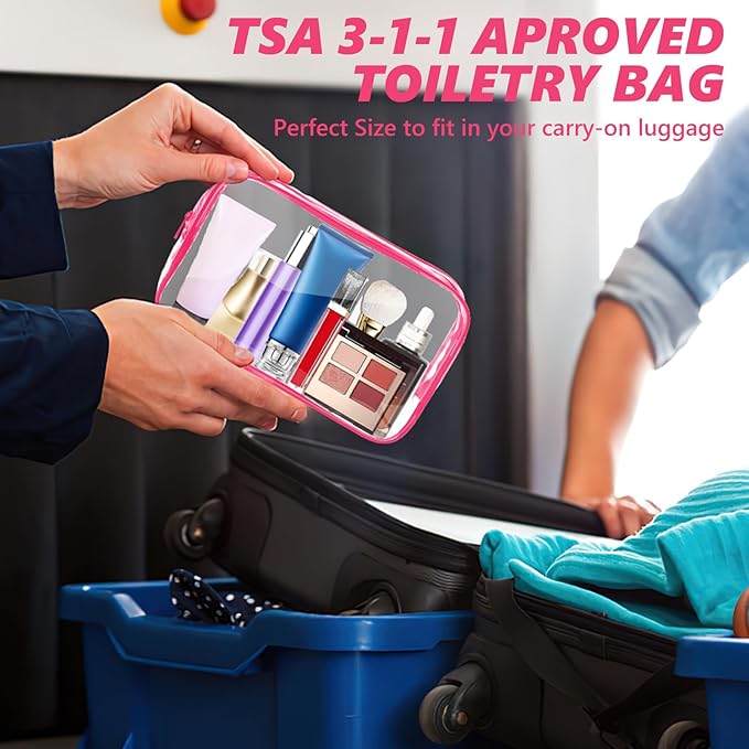 AURUZA 6 Pack Clear Toiletry Bag,Portable Travel Makeup Bags with Zipper, TSA Approved Clear Organizer Bags, PVC Cosmetic Pouch for Airport Airline Compliant (6 Packs Rose Red)