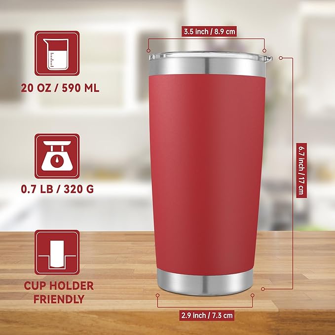 20 oz Tumbler Stainless Steel Tumblers with Lid Double Wall Vacuum Insulated Coffee Mug 20oz Powder Coated Cup for Hot and Cold Drinks, Red, 1 pack