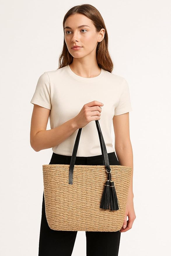 YXILEE Straw Bags For Women | M Size Travel Straw Totes Bag Woven Summer Handmade Shoulder Bag Handbag