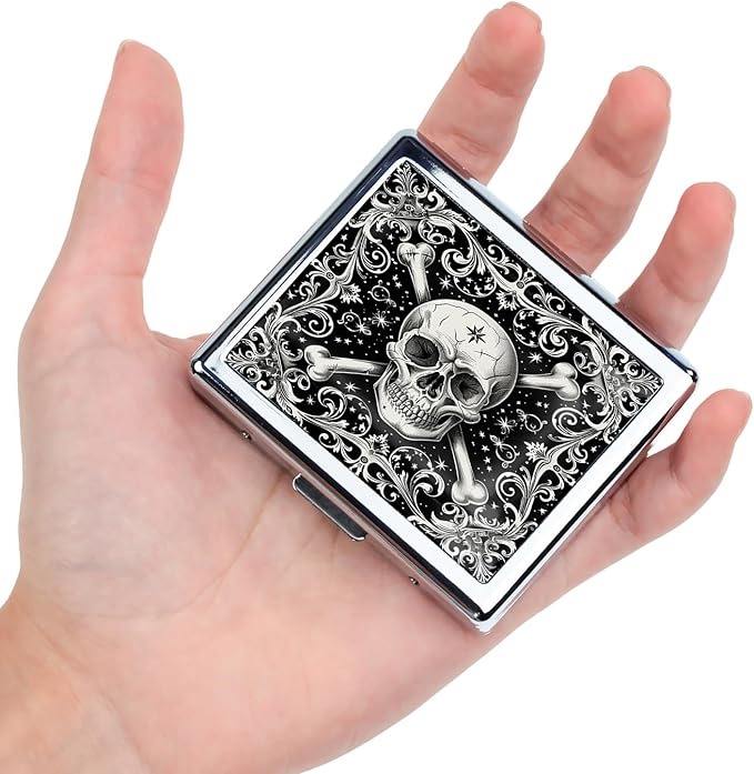 Cute and Stylish Metal Pill Box - Compact Portable Pill Organizer with 8 Compartments, Food-Grade Divider, Ideal for Travel, Vitamins, Jewelry, Cosmetics (Crossbones Starlight)