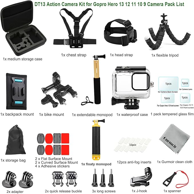 Gurmoir Accessory Kit with Waterproof Case for Go Pro Hero 13 12 11 10 9 Black. Underwater Diving Housing Floating Hand Grip Screen Protector Bundle Pack for GoPro 13 12 11 10 9 Camera(DT13)