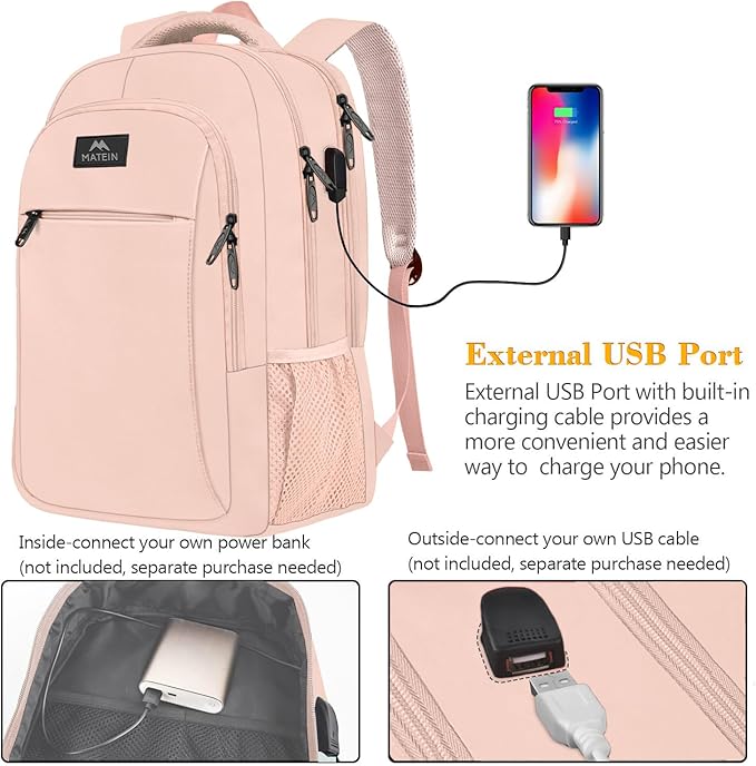 MATEIN 15.6 inch Laptop Backpack, Cute Slim Computer Travel Backpack with USB Port, Carry On Casual Daypack Bag Gifts for Women Teacher Nurse, Pink